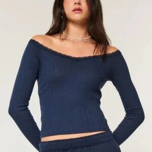 Hollister Pointelle Navy Blue Lace Trim Long-Sleeve Top Size Medium